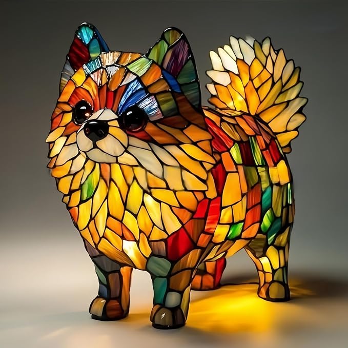 Rainbow Puppy Lamp Stained Glass Dog Night Light 3D Retro Stained Resin Rainbow Pup Lights Charge Powered Table Lamp Puppy Glow Lamps for Home Bedroom Desk (K)