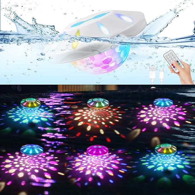 Floating Pool Lights(6 Pack), Pool Lights IP68 Waterproof, Rechargeable RGB Upper and Lower Color Changing Pool Floating Lights with 13 Color Changing LED Light for Pools, Garden,Paths