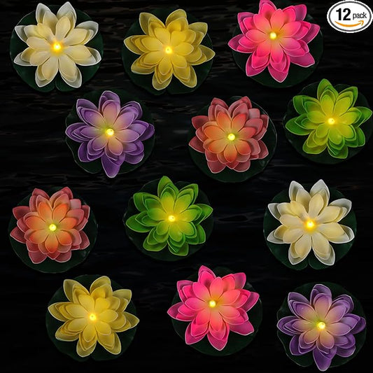 LACGO Waterproof Floating Lotus Light, 12PCS Floating Lily Light Water Activated Artificial Flowers Battery Operated for Wedding Pool Anniversary Garden Decoration(6 Inch, Mix-Color)