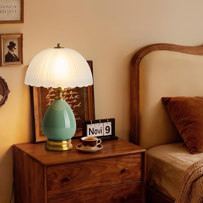 Ceramic Table lamp Set of 2, Modern Bedside Lamps Green Mid Century Vintage Desk Lamp Retro Glass Mushroom Traditional Lamp for Nightstand Living Room Bedroom Home Decor (S04GN-2PACK)