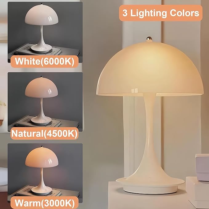 Flower Bud Lamp Modern Flowerpot Cordless Mushroom Touch Table Lamp 3 Mode Dimmable Rechargeable Desk Lamp,Night Light for Bedroom (White)