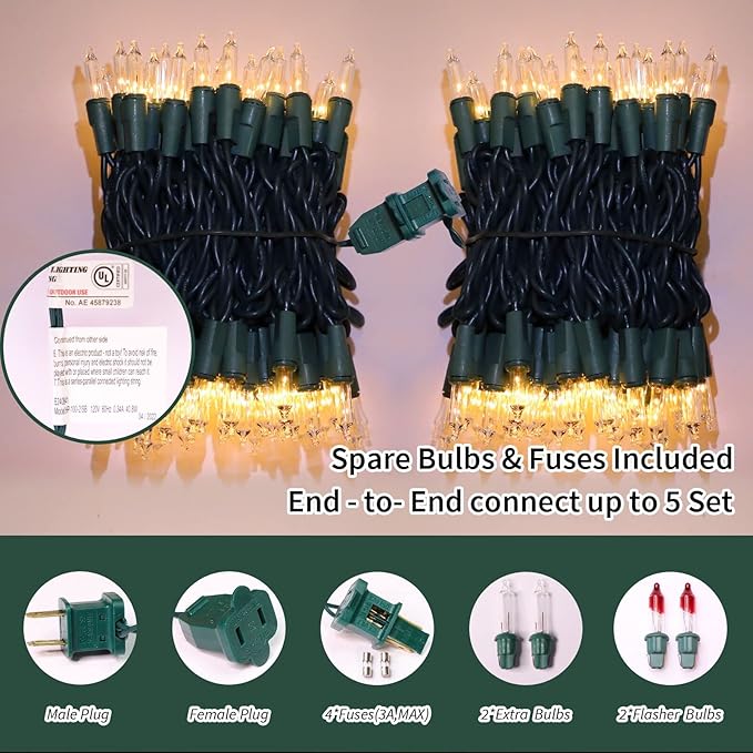 LAMPHOME Clear Warm White Christmas String Lights, 100 Count 19.6Ft Incandescent Mini Lights, Green Wire Waterproof Indoor Outdoor String Lights for Xmas Tree, Garland & Holiday Party Decor