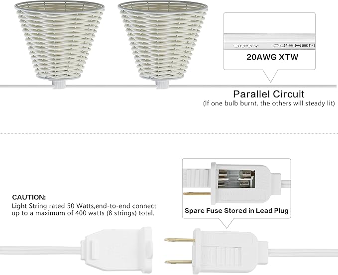 JONATHAN Y JYL8706B Payton 10-Light Indoor/Outdoor 10 ft. Classic Cottage LED G40 Faux-Rattan Shaded String Lights Coastal, Traditional, Farmhouse, Rustic, Patio, Porch, Backyard, White