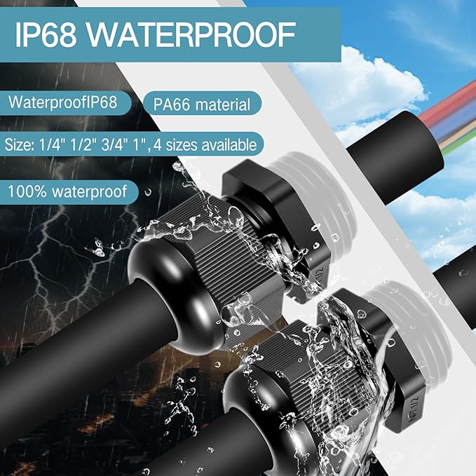 50 Pcs 1/4" 1/2" 3/4" 1" NPT Black Nylon Cable Gland, Waterproof IP68 Adjustable Locknut Cable Diameter Waterproof Connectors Black Cord Grip
