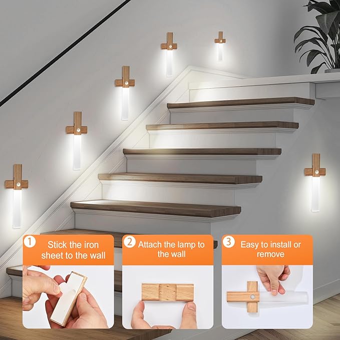 ASAWASA Motion Sensor Night Lights, Under Cabinet Lighting，Magnet Body Hallway Lamp, Rechargeable Battery Powered LED Wall Sconces, Portable for Stairway Kitchen Bedroom Restroom Closet