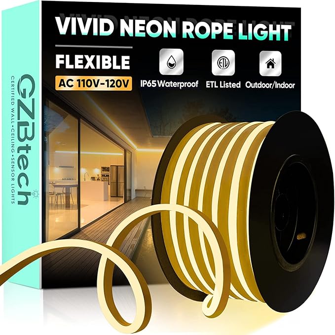 GZBtech Flexible LED Neon Rope Lights 33FT,AC 110-120V Waterproof Strip Light, 120 LEDs/M Cuttable Connectable Neon Lighting for Indoor Outdoor Home Decor/Commercial Use-Warm White 10M, ETL Listed
