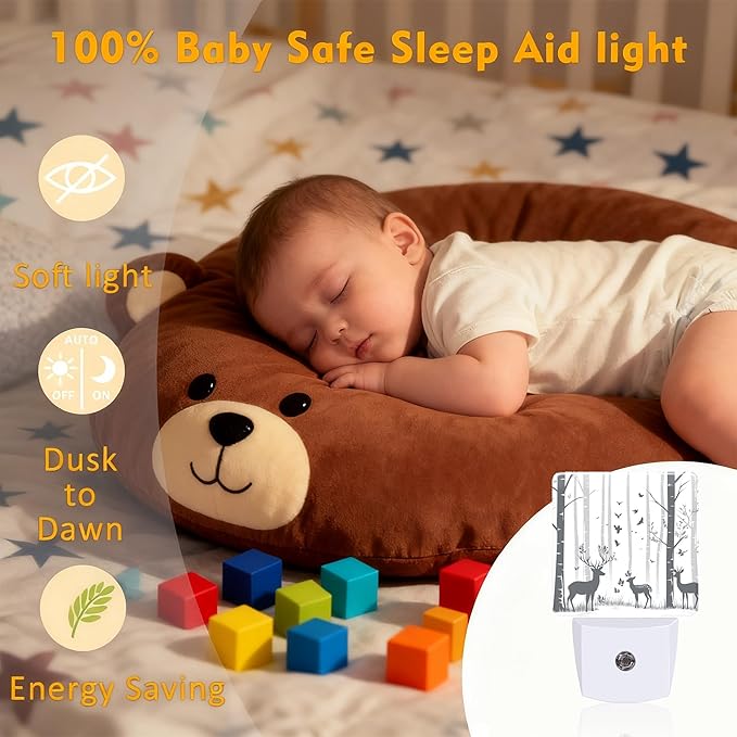 Deer in The Forest Night Light for Kids, Dusk-to-Dawn Auto Sensor Plug in Night Light, 0.5W Energy Saving Non-Toxic Design for Bedroom/Bathroom, Ideal Gifts for Women, Men & Kids