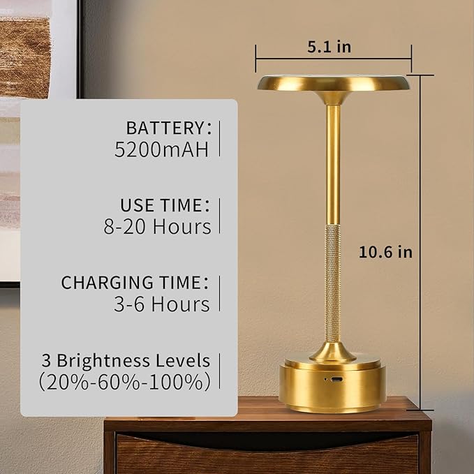 5200mAh Rechargeable Cordless LED Table Lamps Touch Sensor Light, 3-Levels Portable Dimming Wireless Battery Operated Lamp,Night Light/Restaurant Table/Outdoor/Coffee/Bar (Gold Set of 2)