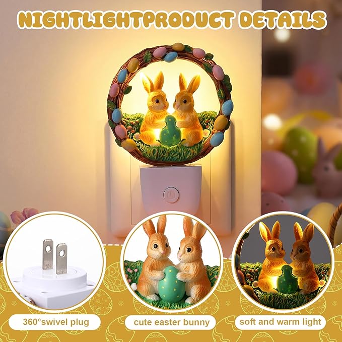 VIHOSE Easter Night Light Easter Bunny Light Decoration Plug into Wall LED Nightlight Resin Egg Wreath Flower Bunny Decorative Lamp for Spring Indoor Bedroom Room Home Nursery Rabbit Lighting Gifts