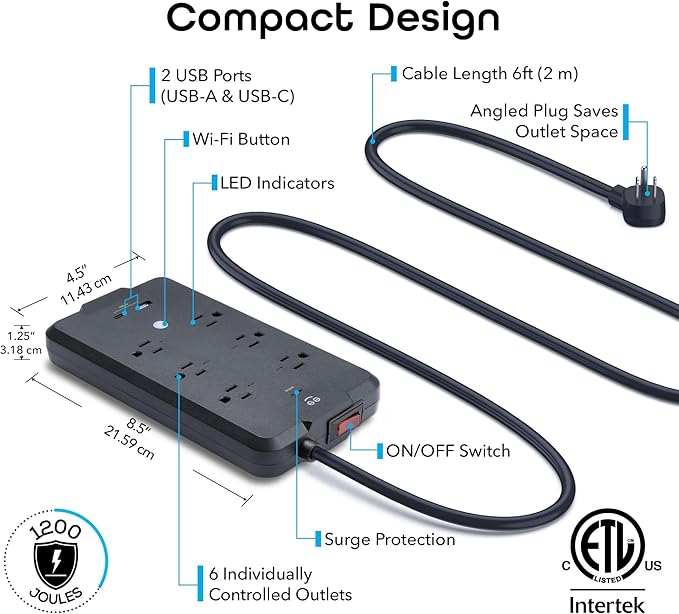 Geeni Smart Plug Power Strip, 6 Outlets and 2 USB Ports, 6 ft. Cord, Surge Protector with Voice Control, WiFi Control, Compatible with Alexa & Google Home, No Hub Required, Black