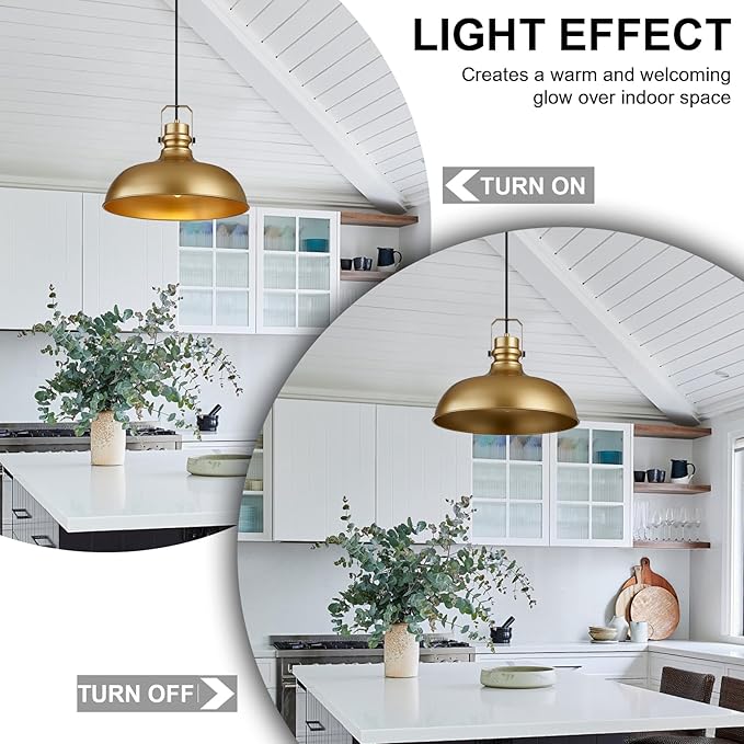 Gold Farmhouse Pendant Lights 16 Inch Matte Pendant Lighting for Kitchen Island Industrial Adjustable Height Vintage Dome Hanging Light Fixtures for Barn, Dining Room 1 Pack