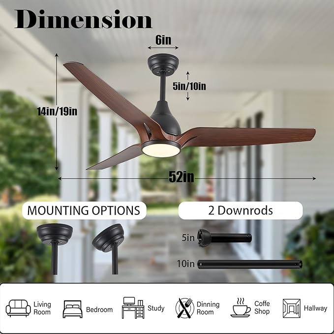 Ceiling Fans with Lights,52 inch Modern Ceiling fan with App and Remote Control,Reversible DC motor ceiling fans,3CCT,Dimmable,Noiseless,Ceiling Fan for Bedroom,Farmhouse,Indoor/Outdoor Use