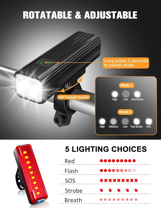 Bike Lights, 1200 Lumen USB Rechargeable LED Bike Light Set, Super Bright Bicycle Lights Front & Back Tail Light, Aluminum Alloy Cycling Bike Flashlight Torch, 5 Light Modes, IPX5 Waterproof