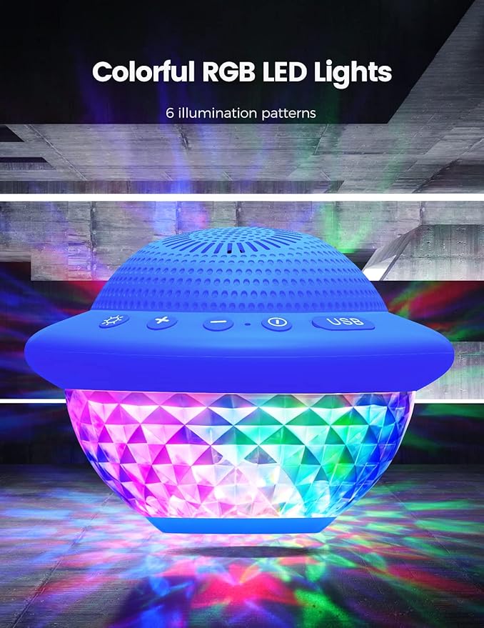 Floating Pool Speakers with Colorful LED Lights, IPX7 Waterproof Hot Tub Bluetooth Speaker, 10W Stereo Loud Sound, Built-in Mic, Portable Wireless Speakers for Shower Bathtub Beach Outdoor Swim-Blue