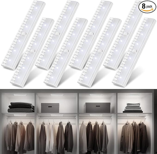 maylit 8 Pack Motion Sensor Light Indoor, Battery Operated Lights, Wireless Magnetic Night LED Bar, Stick on Lighting for Closet, Stair, Shelf, Hallway, Bed, Pantry, Under Cabinet, 6000K Cool White
