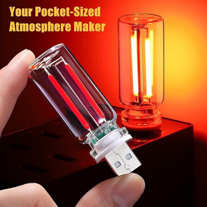 2PCS Car USB Night Light Touch Dimmable LED Filament Lamp, Mini Glass Bottle USB Night Light, Plug-in Ambient Lights Retro Car Atmosphere Lamp for Vehicle Bedroom Hallway Camping Holiday Decor, Red