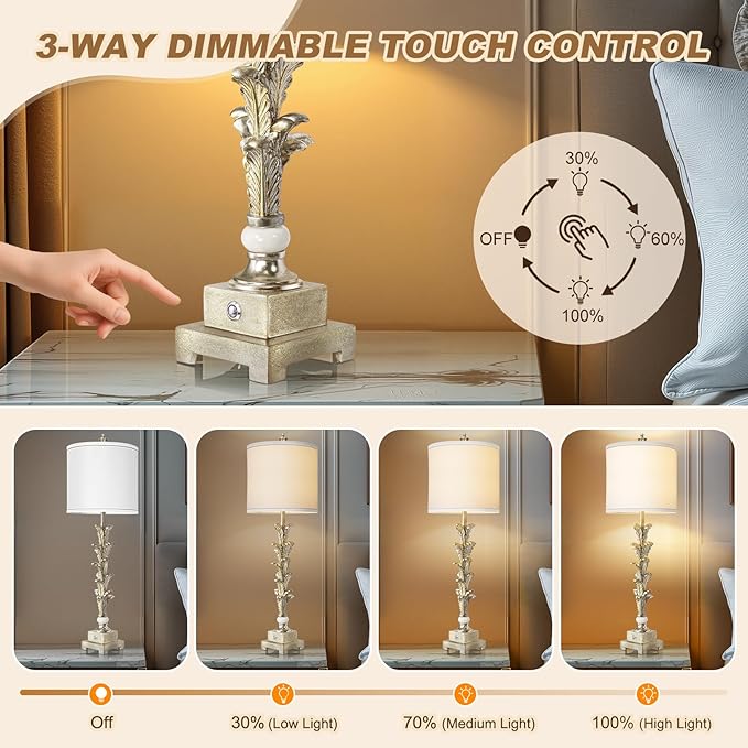 33'' Touch Control Table Lamp Set of 2, 3-Way Dimmable Buffet Lamps with USB A+C Ports and White Shade, Silver Leaf Finish Nightstand Lamps for Living Room Bedroom Office Study Dinning (Bulb Included)