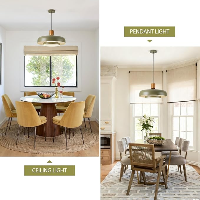 Mid Century Chandelier 19.68 inch, Natural Wood and Brass Accent,2 Layered Deep Green Shade,Large Pendant Ceiling Lights for Dining Room, Kitchen,Living Room