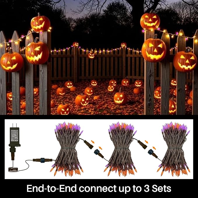 LAMPHOME Orange Purple Halloween String Lights Outdoor, 32.5FT 100 LED Waterproof Christmas Lights with 16 Lighting Modes for Halloween Garden Party Christmas Xmas Tree Lights Decor