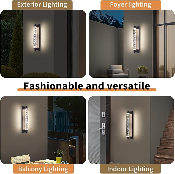 LED Porch Outdoor Wall Lights, 15.7inch Bubble Crystal Waterproof Modern Wall Sconce, 3000K-6500K Dimmable Minimalist Exterior Light Fixtures for House, Garage, Patio, Bathroom, Indoor