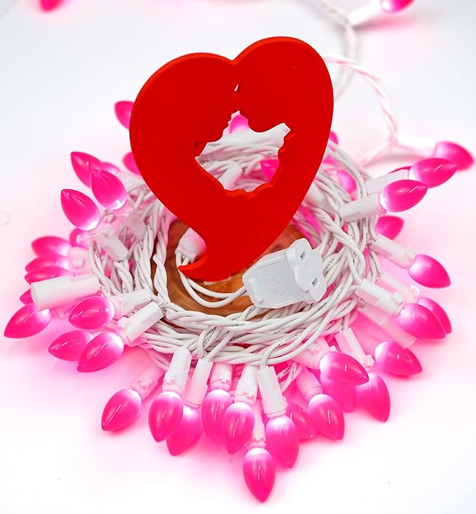 BOHON Pink LED String Lights, 17 Feet White Wire Christmas Lights, 50 Bulbs, Indoor Outdoor Valentine's Day Holiday Wedding Decorative Lighting Valentine Day Decor