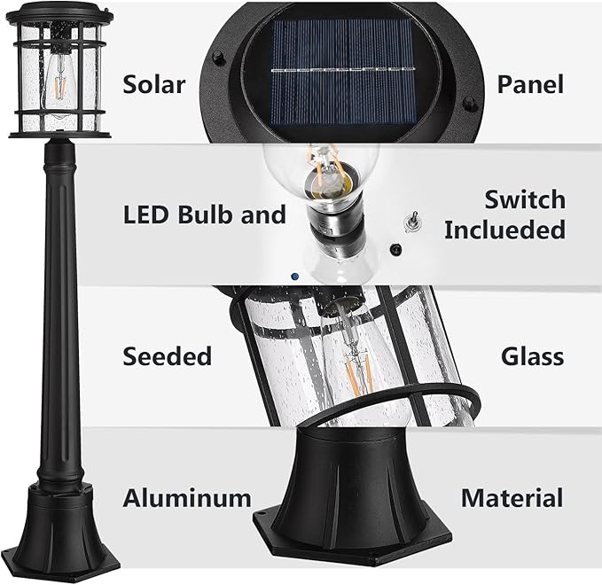 Emliviar Solar Pathway Lights Outdoor, Dusk to Dawn Walkway Light with Remote Control, Pole Light with Seeded Glass in Black Finish, LED Bulb Included, XE229PL-SL BK