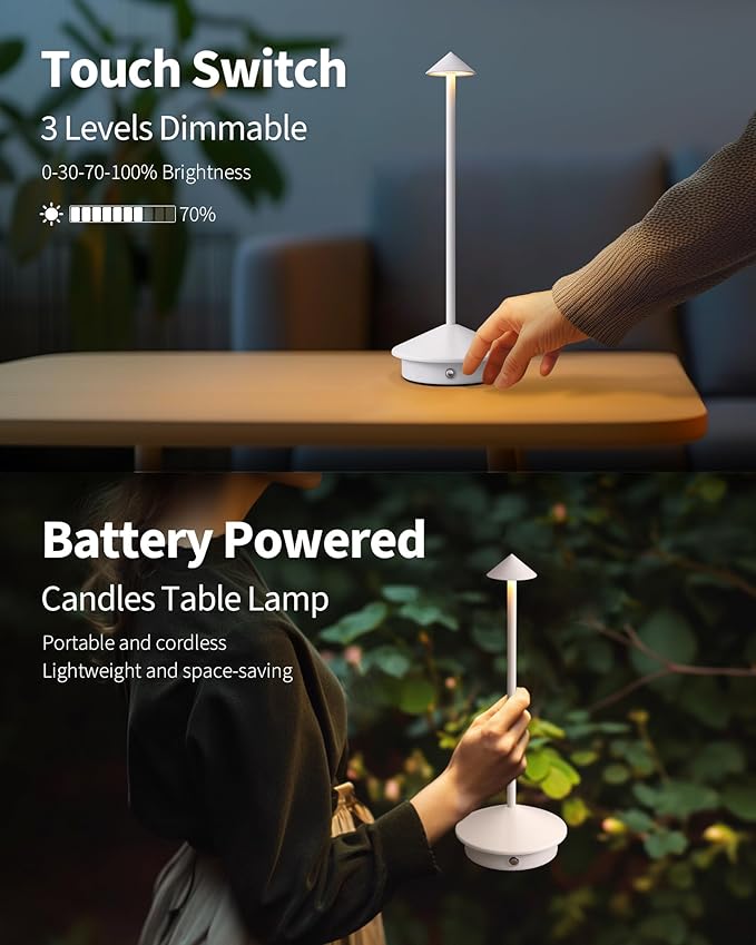 Modern Cordless Table Lamp Set of 2, Portable LED Desk Lamps, 5000mAh Rechargeable Battery Operated Lighting for Bedroom Dining Room Restaurant Coffee Shop Camping Night Light (White)