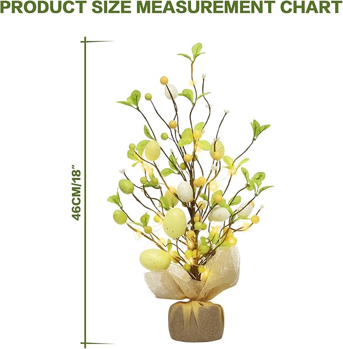 RoseCraft Easter Decorations, 18 Inch Pre-Lit Easter Egg Tree Tabletop Decor with Delicate Ornaments, for Home Party Wedding Holiday Spring Summer Decoration, Yellow/White.