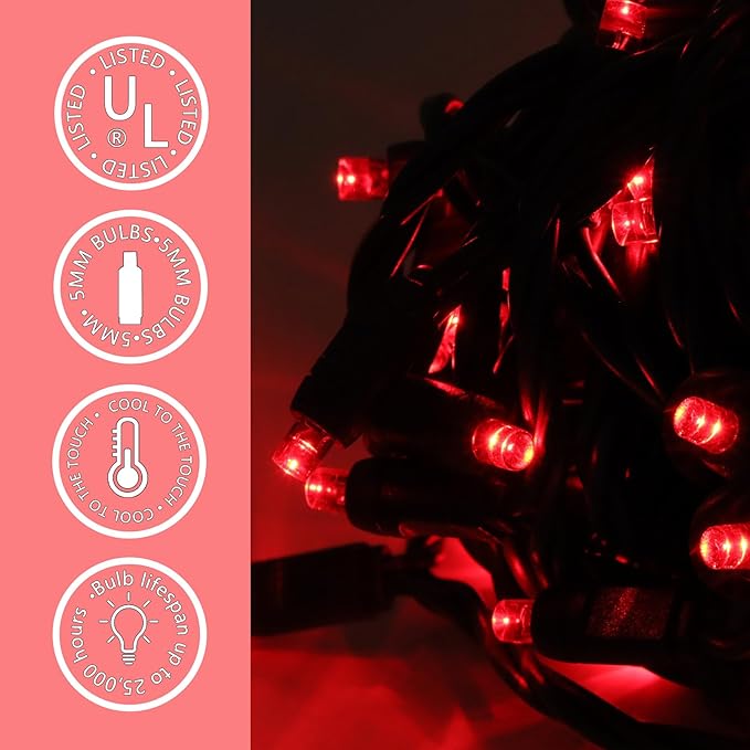 100 LED 5MM Red Christmas Lights, 33FT Indoor/Outdoor String Light, Mini Lights for Garden, Patio, Christmas Trees - Green Wire, Commercial Grade, UL Listed