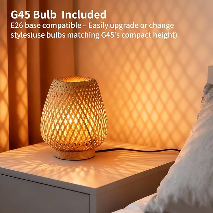 Table Lamp with Double Layer Woven Shade Wood Base,Desk Bedside Small Lamps with 6ft Power Cord, 110V Plug, Dimmable E26 Socket (Bulb Included) for Living Room Night Stands Bedroom