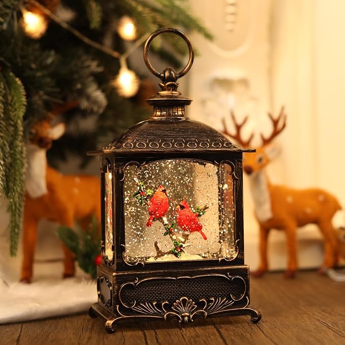 Cardinal Snow Globe Christmas Decorations Lantern, Glittering Lighted Plug-in, 3 AA Battery Operated & USB Powered, Cardinal Snow Globe Lantern for Christmas Home Decoration and Gift