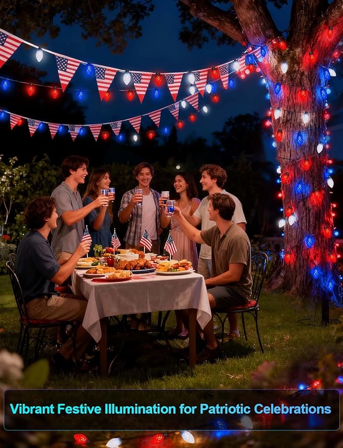 4th of July Decorations C7 Bulb Solar String Lights Outdoor Waterproof 50 LED Red White Blue Solar Lights for Independence Day President Memorial Day Christmas Party Patriotic Decorations