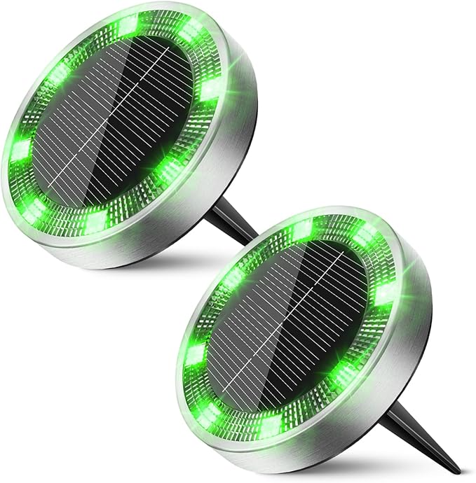 Peasur Mini Solar Ground Lights Outdoor, 2 Pack Flat Solar Powered Disc Lights, IP68 Waterproof, Anti-Rust, Landscape Lighting for Pathway Garden Yard Lawn Walkway Landscape Driveway, Green