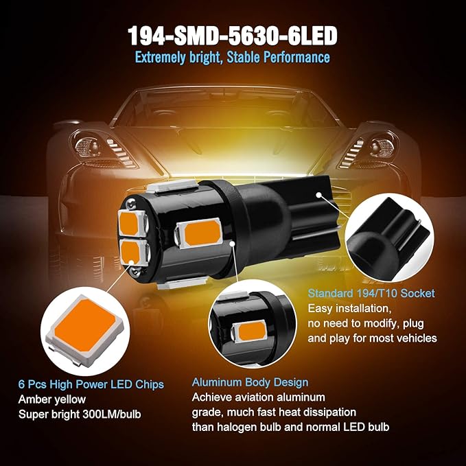 194 LED Bulbs Extremely Bright Amber Yellow 5630 Chipsets 168 2825 175 T10 W5W LED Replacement Bulbs for Car Interior Map Dome Door Courtesy License Plate Lights(Pack of 10)