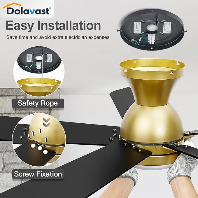 Ceiling Fans with Lights and Remote, 48 Inch Gold Ceiling Fan with Light, Low Profile Reversible Fandelier Ceiling Fan, Dimmable LED, Flush Mount, Quiet DC Motor, for Bedroom Kitchen