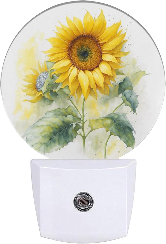 Watercolor Sunflower Night Light,Sunflower Green Leaf Plug-in Night Lights with Dusk-to-Dawn Sensor for Bedroom Bathroom and Living Room Sleep Friendly lamp