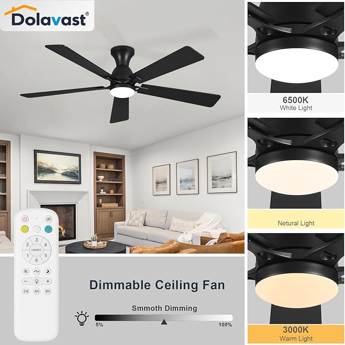 Ceiling Fans with Lights, 60 Inch Low Profile Ceiling Fan with Light and Remote Control, Flush Mount, Reversible, 3CCT, Dimmable LED, Quiet, Black Ceiling Fan for Bedroom, Living Room