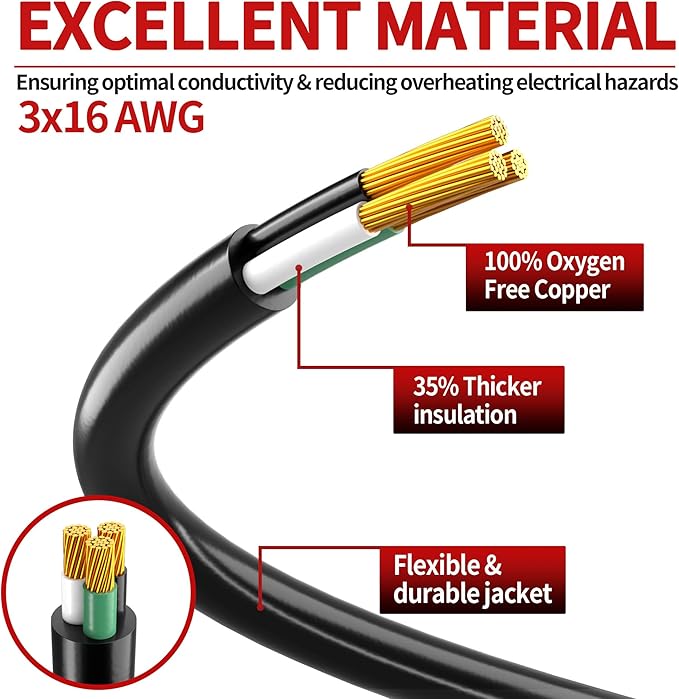 16/3 50 FT Outdoor Extension Cord Waterproof, Weatherproof & Flame Retardant Black 3 Prong Power Cord Outside for Lawn & Garden, 13 Amps 1625 Watts 125 VAC 16AWG SJTW, ETL Listed