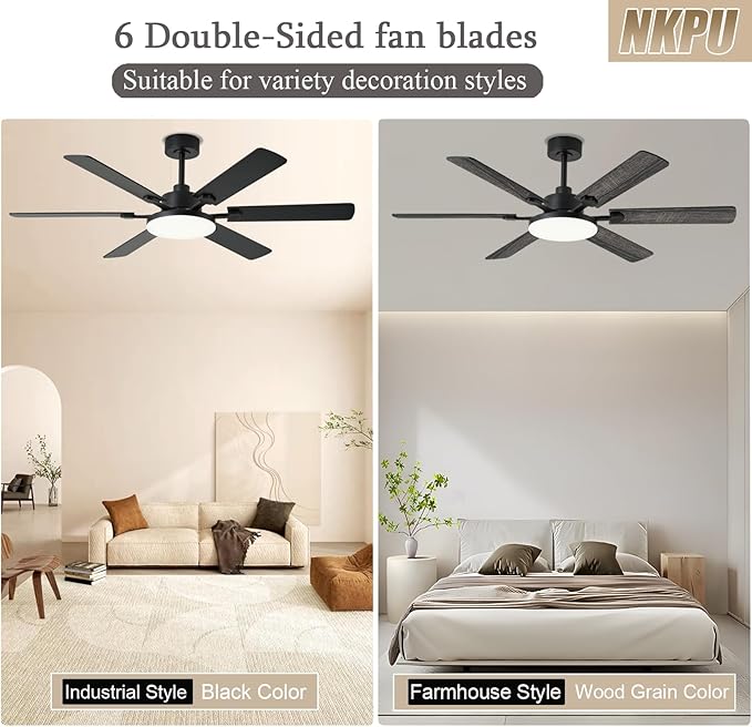 56 Inch Ceiling Fans with Lights, Modern Black Ceiling Fan with Light and Remote Control, 6 Double Sided Blades, 6 Speed Reversible Motor, Dimmable LED, Silent Timing, Indoor Outdoor Patio Use