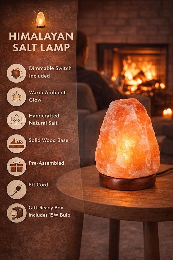 Himalayan Pink Salt Lamp 7 inch – Natural Rock 5-7 lb Crystal Night Light with Wooden Base, Warm Glow Bedside Lamp for Bedroom, Living Room, Meditation