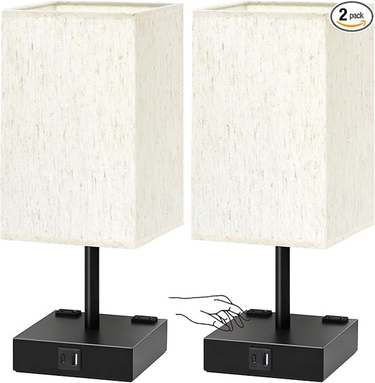 Soilsiu Bedside Table Lamps Set of 2 - Touch Nightstand Lamp for Bedroom with USB C+A Charging Ports & AC Outlets, 3-Way Dimmable Desk Lamp Flaxen Fabric Shade for Living Room Office(Bulb Included)
