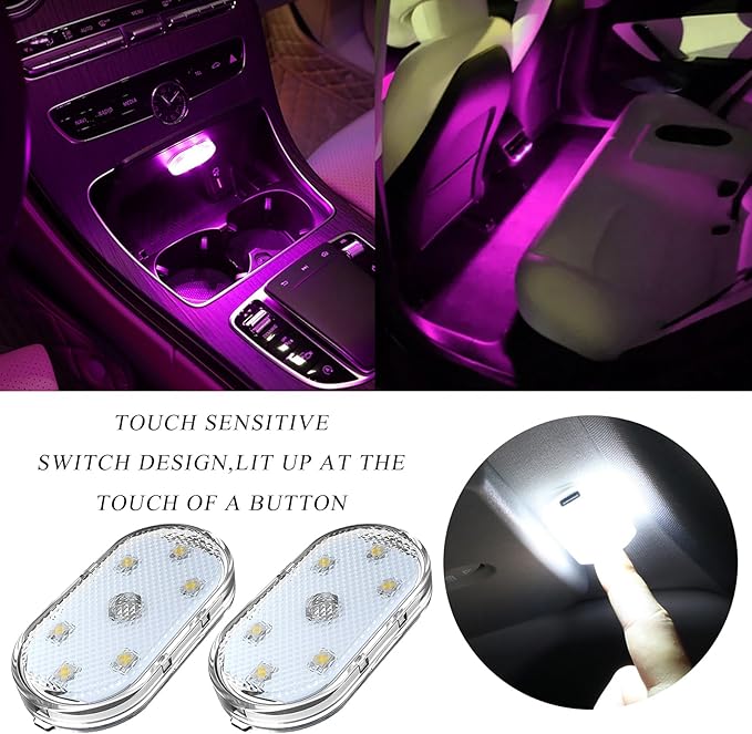 2 PCS Car LED Lights Interior Wireless, Sticky Car Ambient Lighting with 6 Bright LED Lamp Beads, Portable USB Rechargeable Vehicle Interior Led Night Light for Car (Pink)