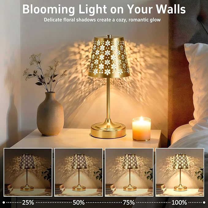 Rechargeable Cordless Table Lamp, Touch Control Battery Powered Bedside Lamp with Floral Cutout Shade, 3 Color Stepless Dimmable Decorative Nightstand Lamp for Bedroom (Gold)