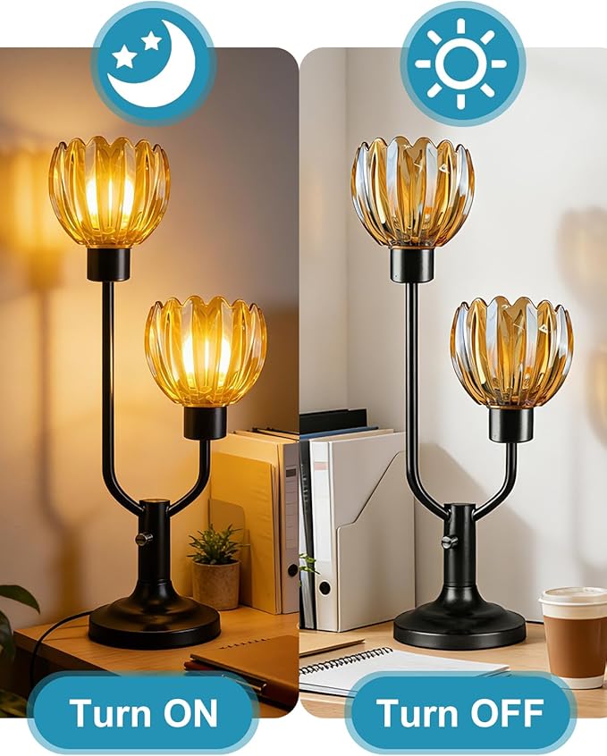 Lightdot Mid Century Modern Glass Table Lamp Black Dimmable U-Shaped Desk Lamps with Brown Lotus Glass Shade& 2Pcs 3000K Warmwhite Bulbs Included Bedside Nightstand Lamp for Living Room Bedroom