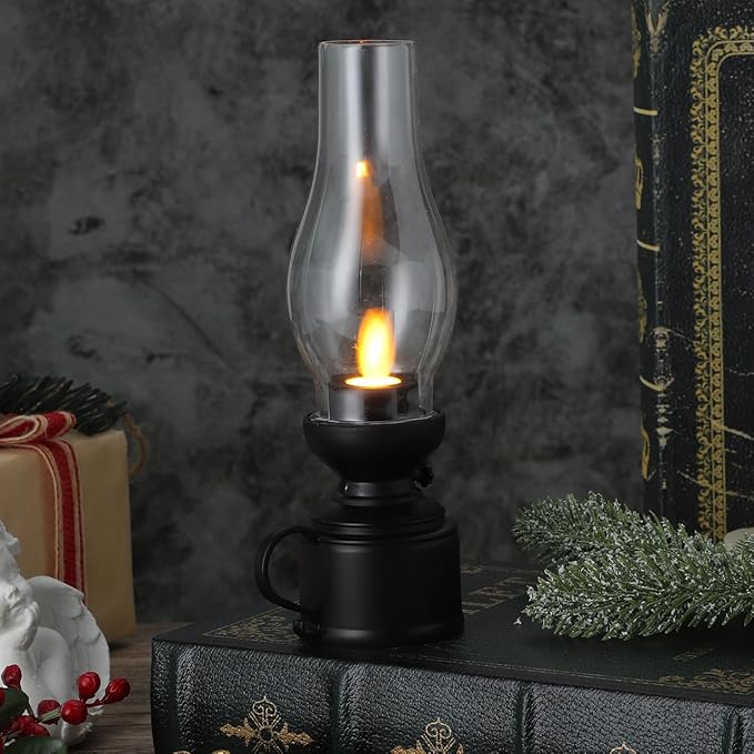 Zerodeko Kerosene Lamp Vintage Flameless Table Lamp Led Kerosene Lantern Clear Hurricane Lamp Battery Operated Nightstand for Bedroom Living Room Black