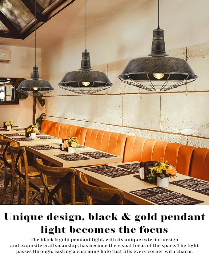 Brass Industrial Pendant Lights 2 Packs, 18.1 Inch Oversized Farmhouse Vintage Pendant Light, Black and Brass Barn Pendant Light with Wire Cage, Island Pendant Lights for Kitchen Warehouse