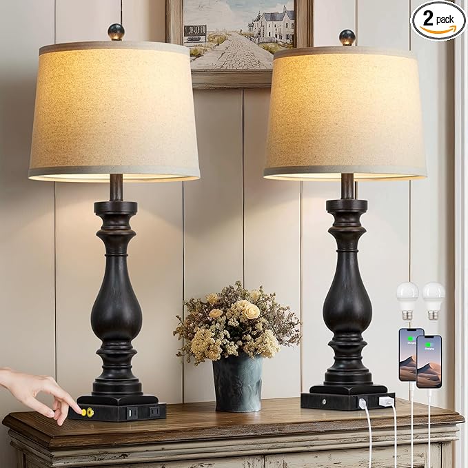 29" Tall Vintage Table Lamps Set of 2,Black Farmhouse Bedside Lamps with USB C+A Ports & AC Outlet,3-Way Dimmable Touch Lamp for Night Stands Living Room Bedroom,Black