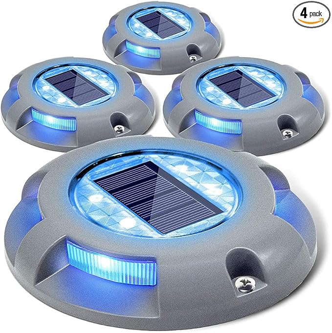 SIEDiNLAR Solar Deck Lights Driveway Dock Light LED Solar Powered Outdoor Waterproof Road Markers for Garden Step Sidewalk Stair Ground Pathway Yard 4 Pack (Blue)