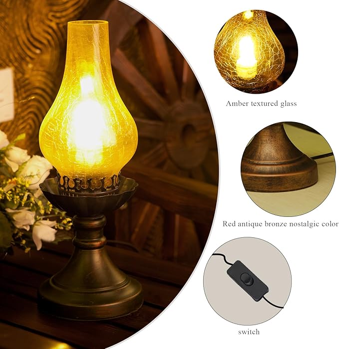 Medieval Vintage Antique Bedside Hurricane Table Lamp，Victorian Retro Amber Glass Lanterns Desk Lamp-Brown Antique Copper