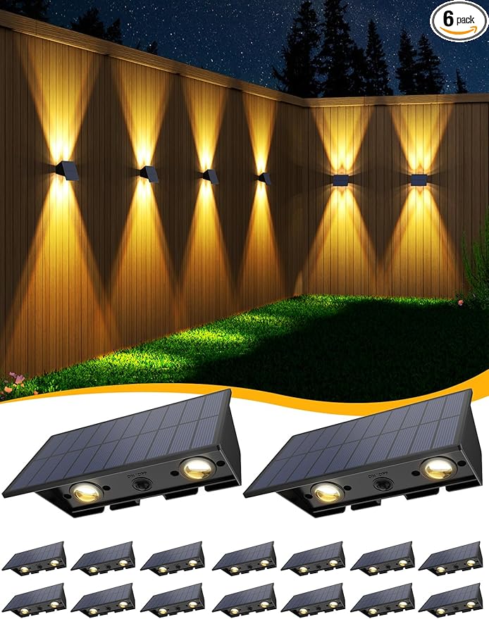 Solar Fence Lights,16Pack Solar Lights Outdoor Warm White Up & Down Solar Wall Lights Waterproof 100 Lumens Dusk to Dawn Solar Powered Fence Light for Outside /Backyard/Pool/Railing/Patio/Porch/Step